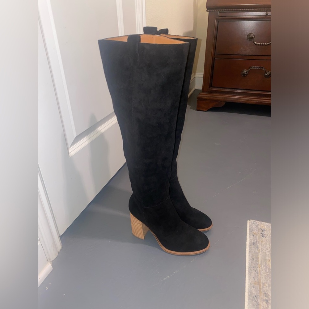 Faux Black Suede Knee High Boots